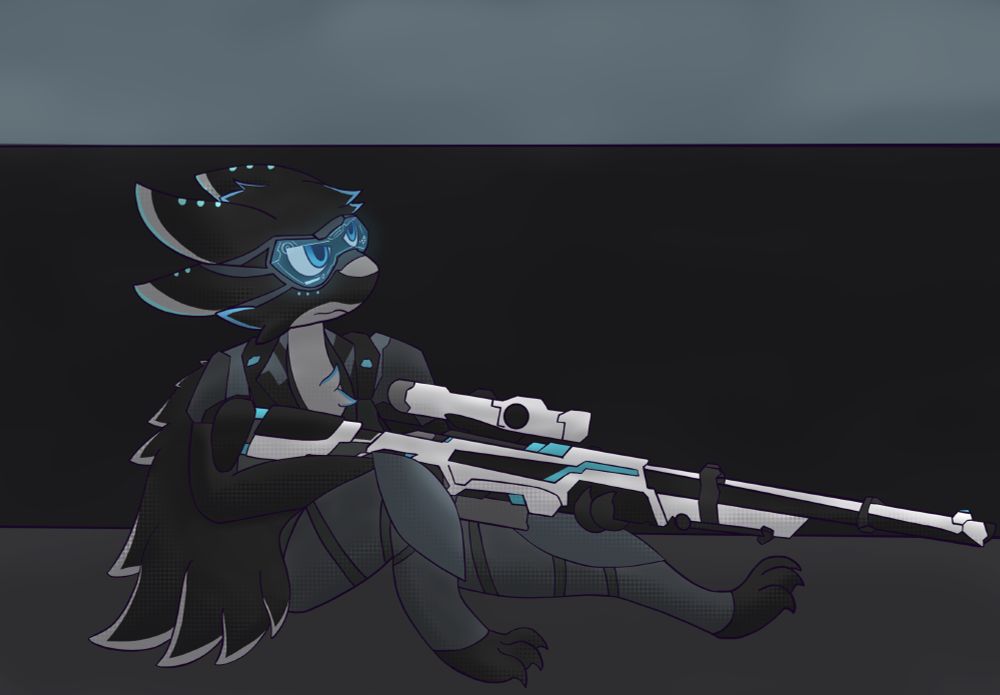 Rivula the avali waiting behind a wall with a sniper rifle in hand