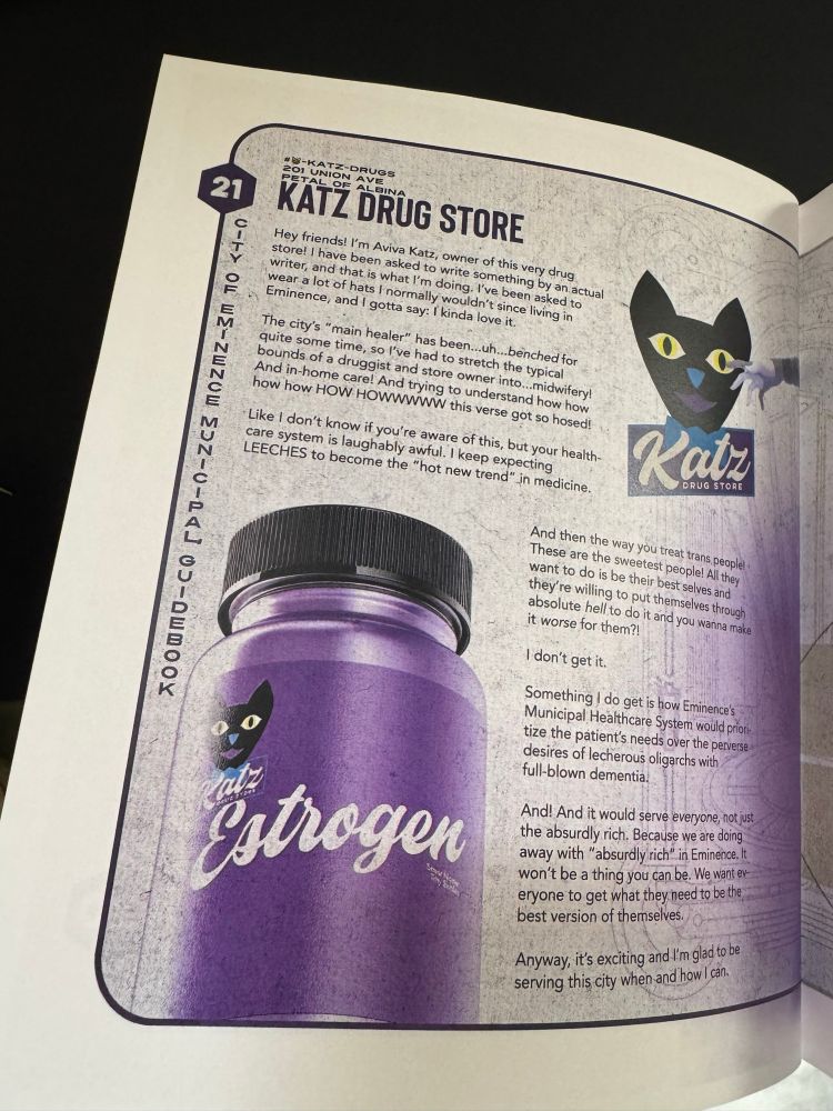 Page 21 - An article written by the owner of Katz Drug Store in Eminence, Aviva Katz. In the upper right is the Katz Drug Store logo, and in the lower left is a purple Katz prescription bottle with “Estrogen” printed in large and unmistakable lettering.