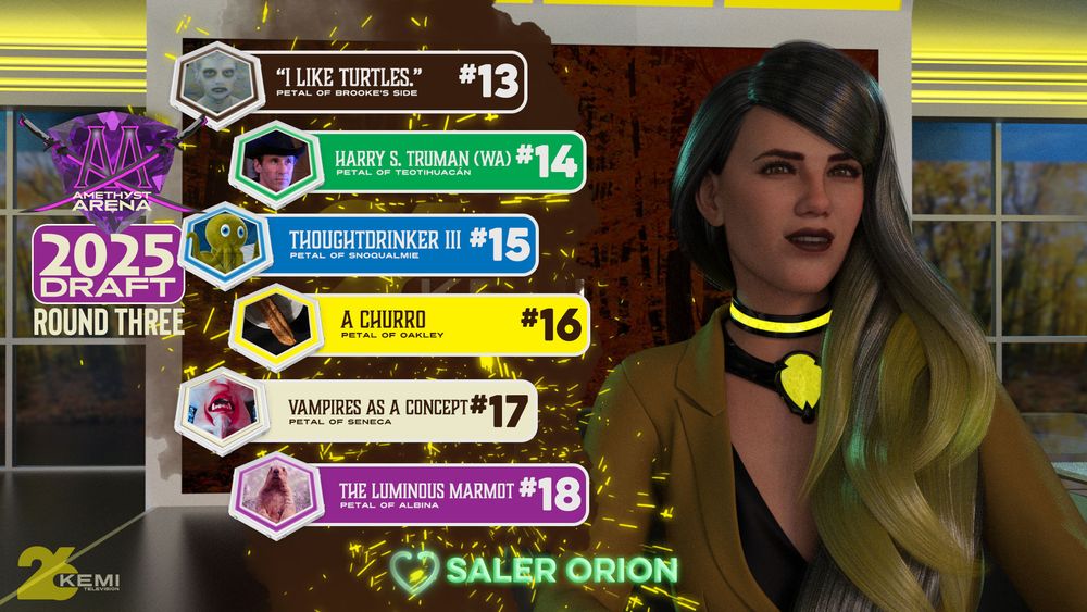 Eucleia Torchette, anchor of the KEMI Channel 26 NewsDesk, shows an uncharacteristic smile while live on the air, reporting the results of Round Three of the Amethyst Arena 2025 Draft. We're just as unnerved as the rest of you.