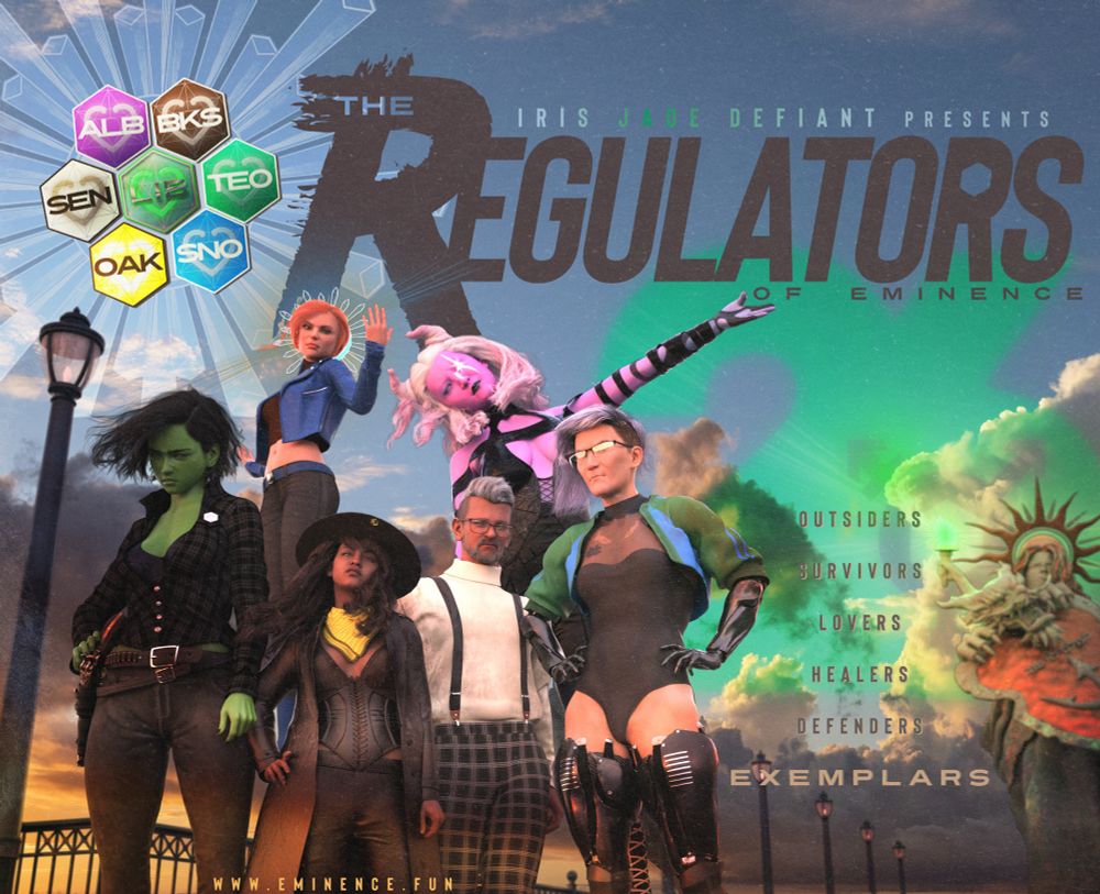 The Regulators of Eminence pose on Pier 26, with the Statue of Libertas in the background on the far right.

From left, Thistle McKelly, Myria Klepzig, Phoebe Mosey, Harold Harris, Hellebore, and Emmiko Kieta.

Above them, Myria uses her magic to display symbols of the six Petals of Eminence.