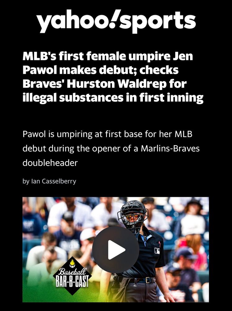 MLB's first female umpire ofaJen Pawol makes debut; checks Braves' Hurston Waldrep for illegal substances in first inning
Pawol is umpiring at first base for her MLB debut during the opener of a Marlins-Braves doubleheader
by lan Casselberry