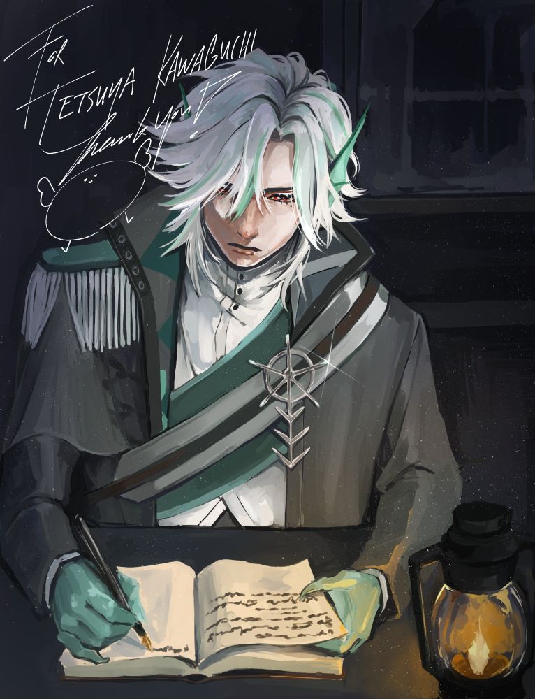 A white haired man in a uniform sitting at a desk by a lantern in a dark room, writing in a notebook. He has a serious look on his face, with fins for ears and claws on his green hands.