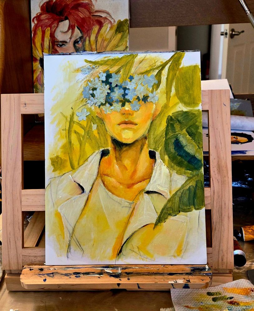 oil painting, yellow-orange palette painting of a man wearing a white shirt surrounded by green leaves with a bunch of forget-me-not flowers covering his eyes