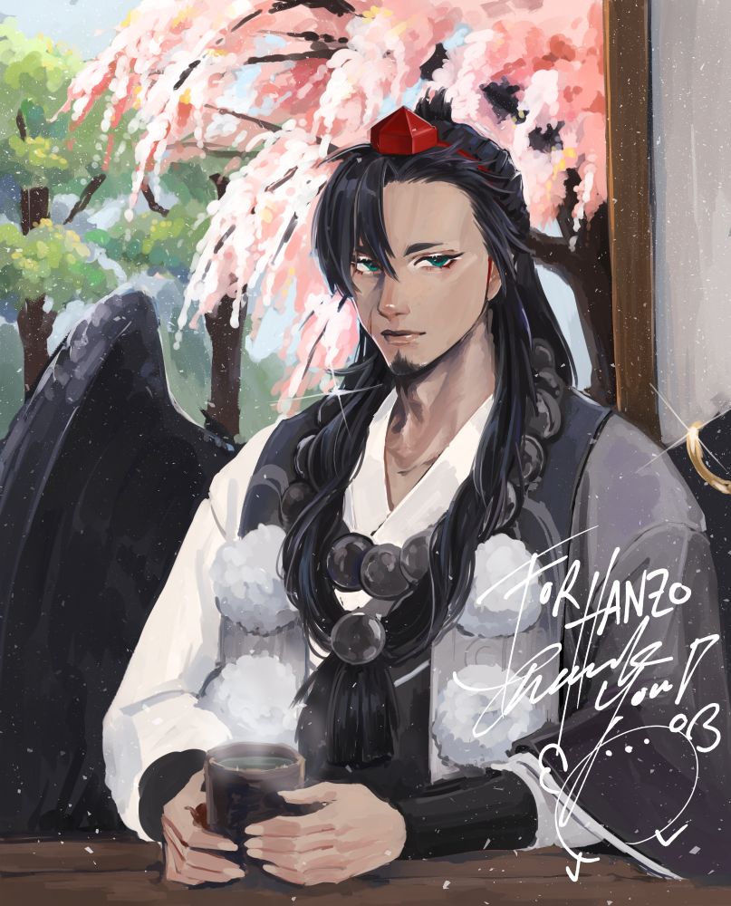 Hanzo sitting at a Japanese style tea house while holding a cup of green tea. Cherry blossoms bloom beyond the window behind him.