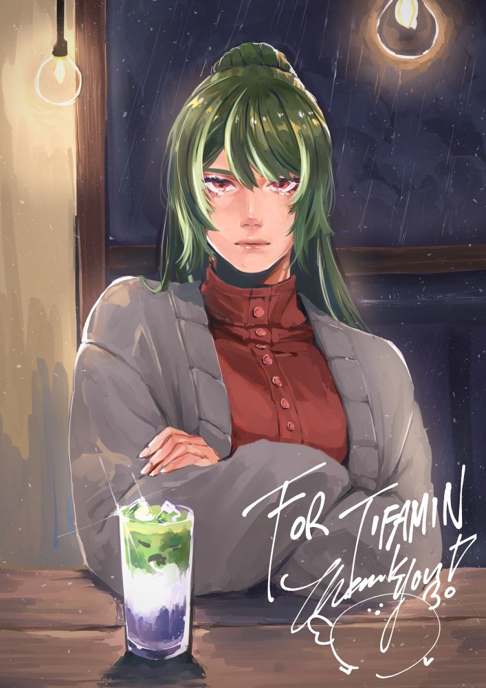 A woman with dark green hair that has light green stripes sitting at a wooden table, looking at the camera with a neutral look. She is wearing a red button down shirt with a gray cardigan, arms crossed. A matcha taro drink sits before her on the table. The window behind her shows a rainy night sky.