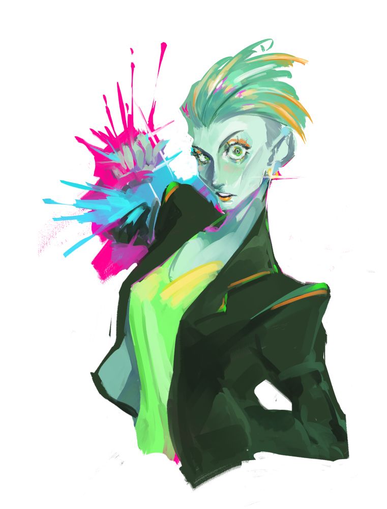 Green skinned, green short haired lady with a dark green leather jacket and neon green shirt. Her right arm is bursting into magenta and cyan colors