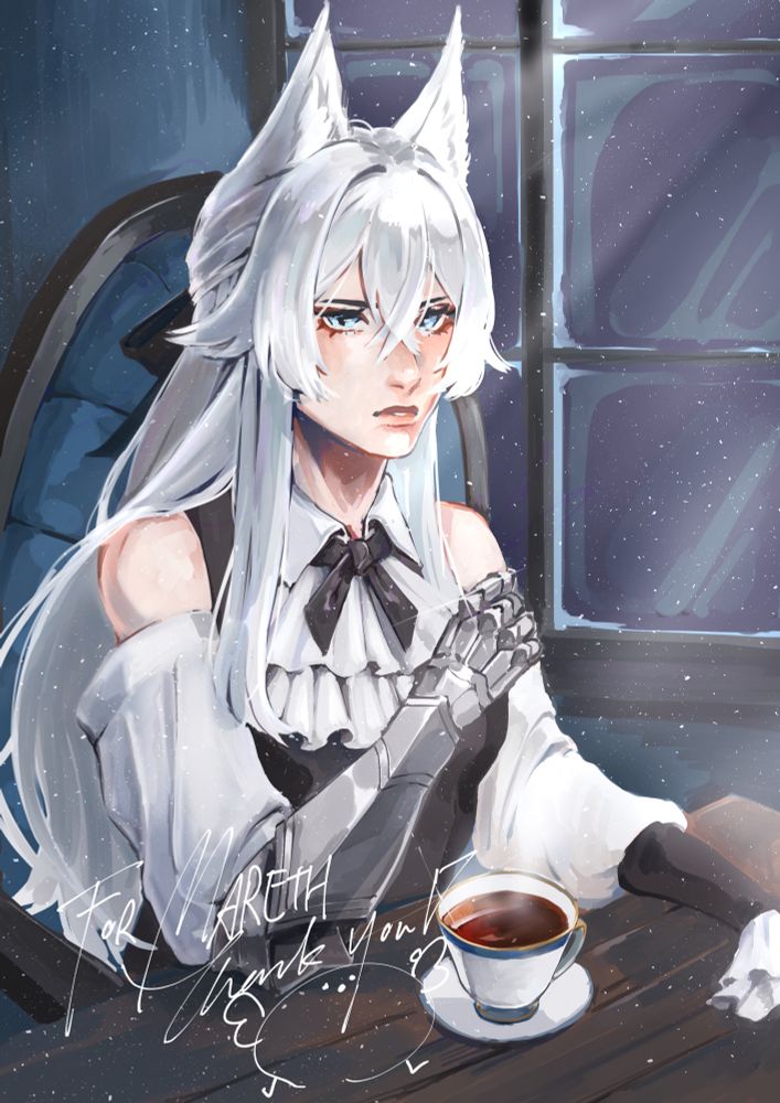 Portrait of a lady knight with wolf ears, sitting on a blue cushioned chair with a cup of tea on a wooden table in front of her. Moonlight shines through the window by her side.