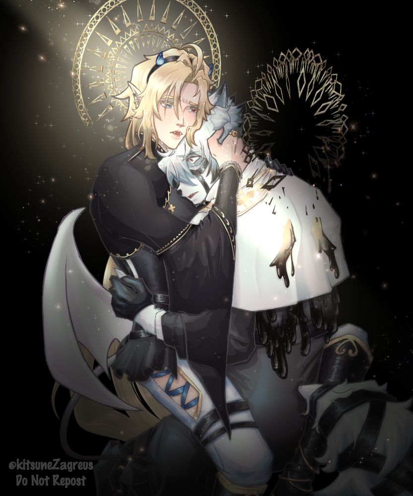 Illustration of two characters from the mobile game Zenless Zone Zero:
Hugo Vlad, an anthropomorphic bat with mostly human features that makes him look like a pretty blond vampire; and Von Lycaon, an anthropomorphic wolf whose body shape is that of a human, but covered in fur with a wolf head and other characteristics, making him look like a classic werewolf.
Hugo is sitting on Lycaon's lap, hugging him close to his chest and crying as he comforts his partner, who is holding him and crying too. Hugo's expression looks sad, while Lycaon's expression looks scared.
In the drawing, Hugo is wearing clothes and a fake pair of tiny blue horns that make him look like a demon; while Lycaon is wearing a priest uniform. There are halos behind each of them, but while Hugo's shines, Lycaon's is breaking apart and bleeding a black liquid.
On Lycaon's back, he has two golden decorations on his white short cape (called "pellegrina) that are bleeding black as well, making it look like torn wings scars; and from under this pellegrina, more black liquid is oozing.
Despite their outfits, Hugo looks holier than Lycaon.

Also, the artist would like to point out, in this drawing Hugo has bat wings coming out from his lower back and a long rat-like tail. In the game, Hugo does not have these, however, this artist thinks he looks better with more bat-like features.