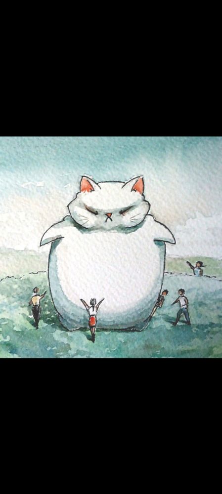 A giant cranky cat ringed by tiny human worshipers. 