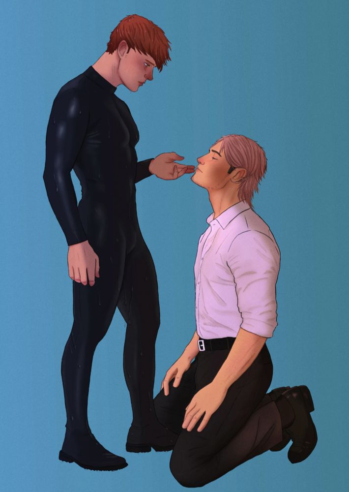 Jean Kirstein is on his knees, head tilted up and eyes closed. In front of him stands Floch Forster, water dripping from his black ODM suit. One of Floch’s feet is wedged between Jean’s thighs, and he looks down at him with a hand poised to lift Jean’s chin.