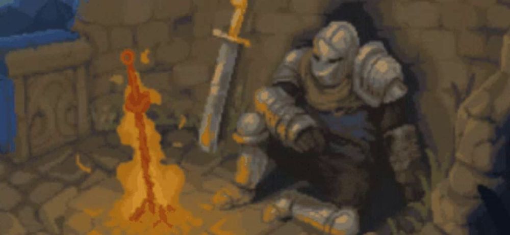 a pixel art of a knight holding a sword in front of a fire