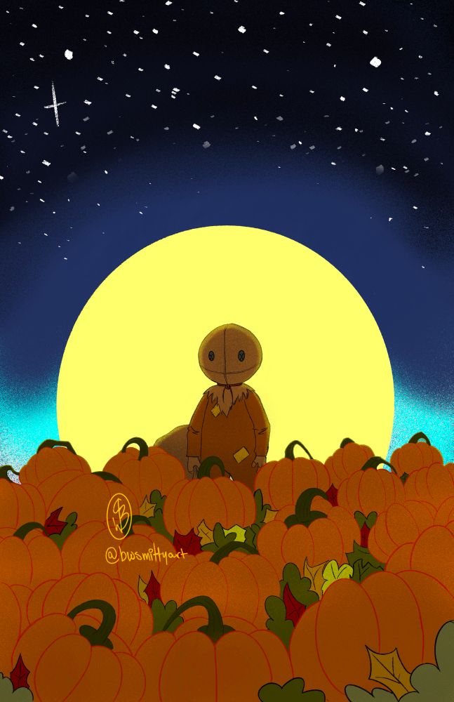 Poster design of Sam from Trick R’ Treat in a pumpkin patch