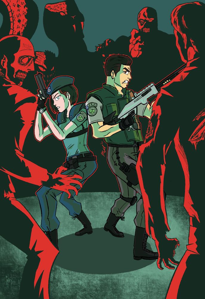 Resident Evil poster featuring Chris Redfield and Jill Valentine facing off against the enemies from the game. This work is by our artist Matt (Abra-Cadaver)
