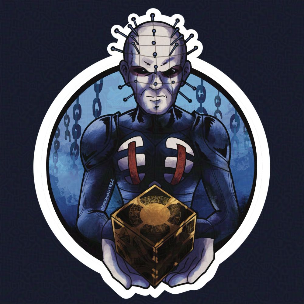 Sticker Design of Pinhead, the hell priest from Hellraiser, holding the Lament Configuration