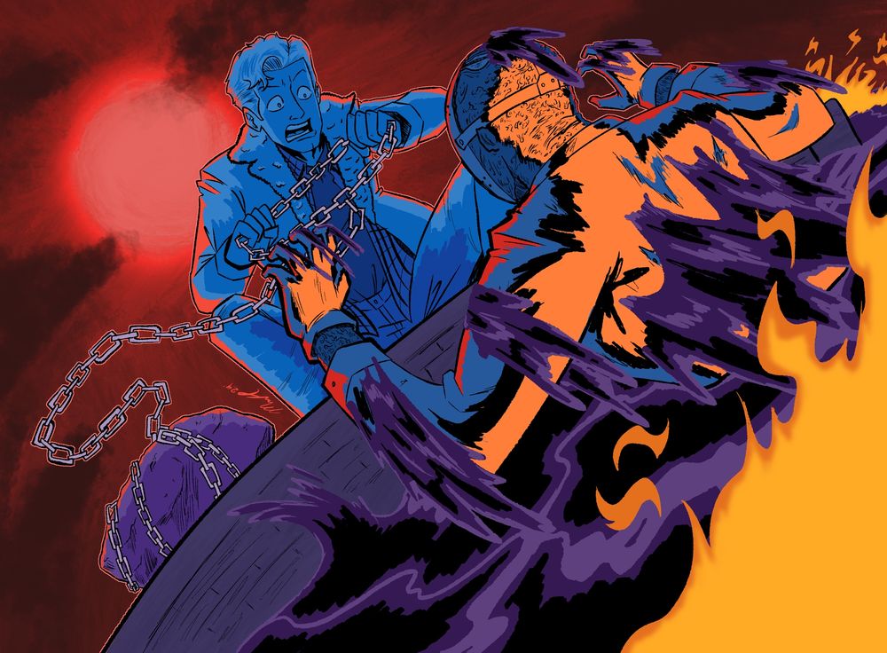 Artwork of the final fight with Jason Voorhees and Tommy Jarvis from Friday the 13th Part 6: Jason Lives. Art by Matt.