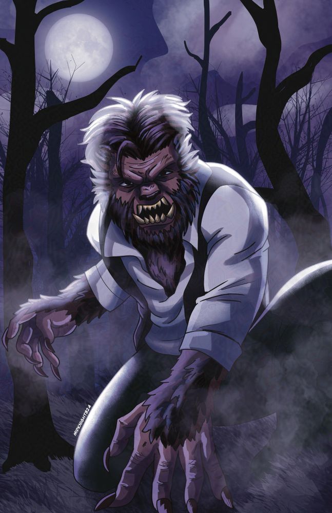 Poster design of the Wolfman in the forest, on the night of a full moon