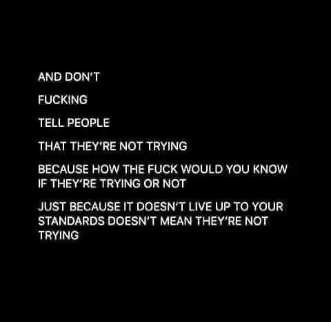 A meme with white writing in all caps on a black background. It reads: “AND DON'T FUCKING TELL PEOPLE
THAT THEY'RE NOT TRYING
BECAUSE HOW THE FUCK WOULD YOU KNOW IF THEY'RE TRYING OR NOT JUST BECAUSE IT DOESN'T LIVE UP TO YOUR STANDARDS DOESN'T MEAN THEY'RE NOT TRYING”