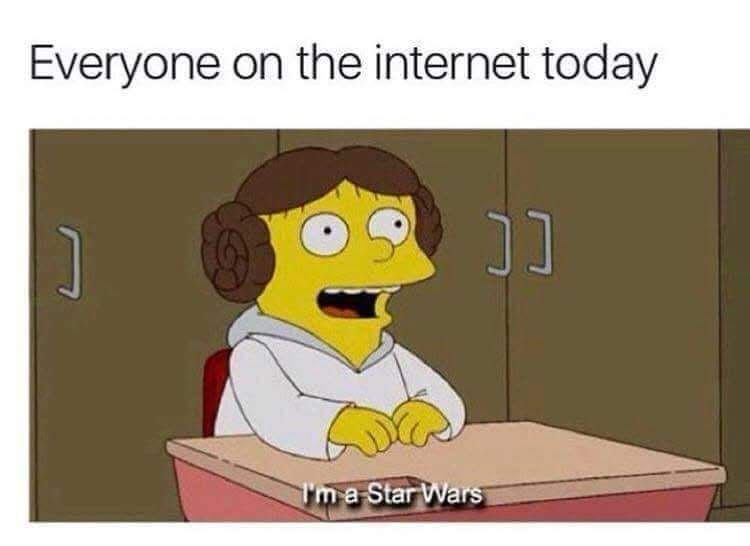 A still of Ralph Wiggum from the Simpsons sitting at a school dress in classic, double side bun cosplay of Princess Leia from Star Wars. 

The pic is captioned, “Everyone on the Internet today,” and shows Ralph/Leia saying, “I’m a Star Wars”.