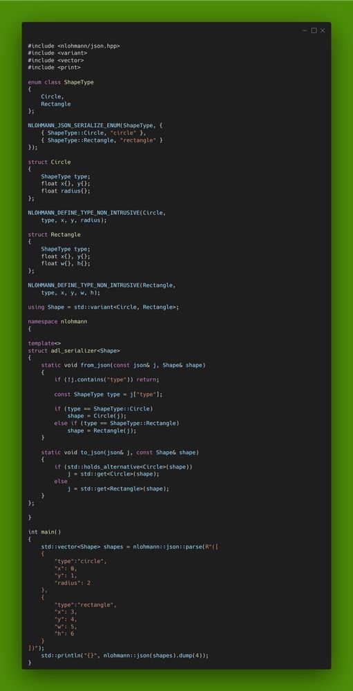 A C++ code snippet which shows json (de)serialization of a vector of variants with overloaded adl_serializer and nlohmann::json.