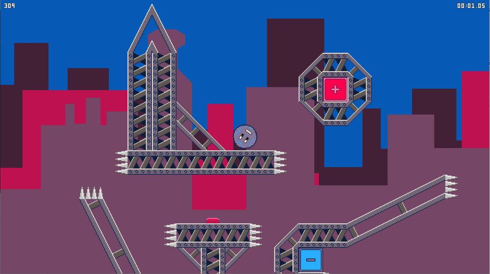 Metalic ball in the middle of construction site maze of ledges, spikes and magnets. Pink cityscape in the background.