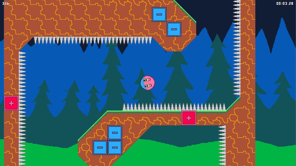 A metalic ball flying through the air in the forest area, surrounded by deadly spikes.