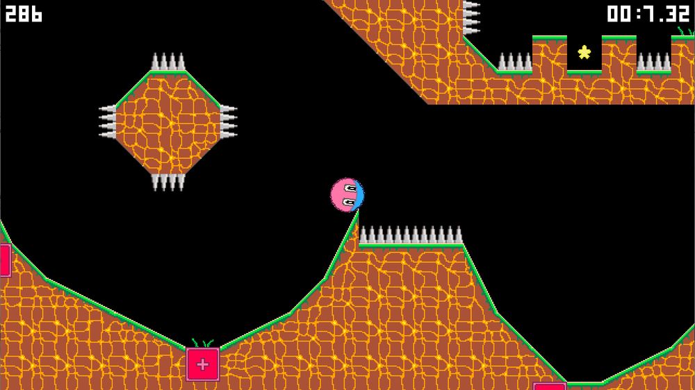 A screenshot of a 2D platformer game with solid-black background and grass-dirt environment drawn using the Pico8 palette.