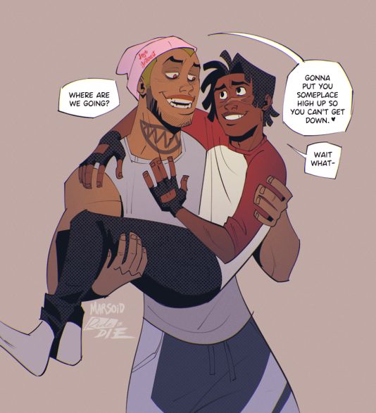 My OCs Vick and Lucky, two queer black dudes flirting. Vick is carrying Lucky