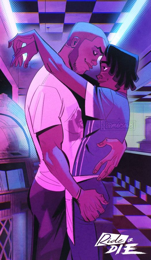 Vick and Lucky from Ride or Die comic embracing each other gayly in a diner