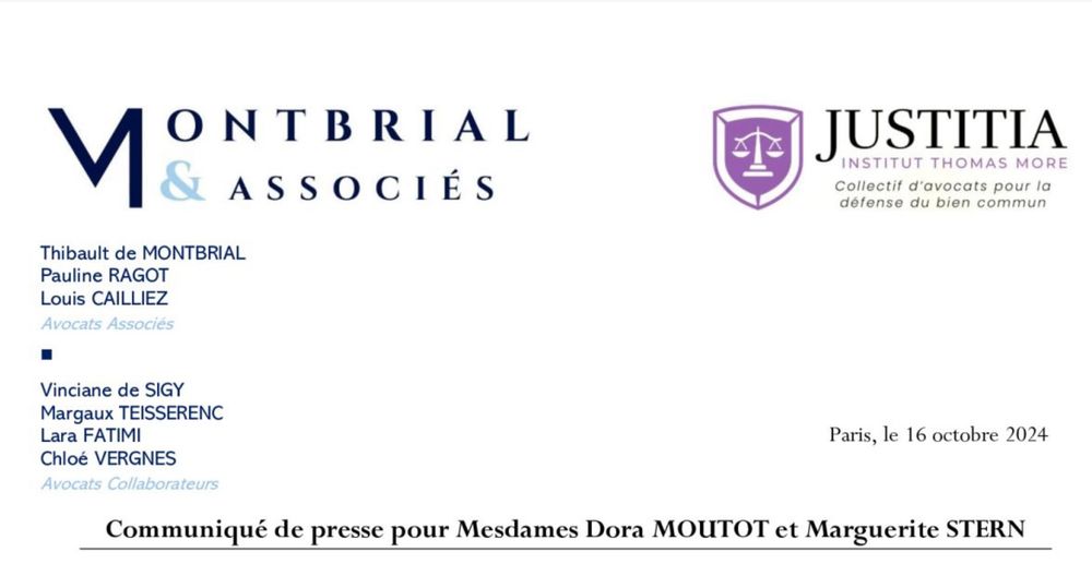 Capture de l’en-tête (Cabinet Montbrial et collectif Justitia) d’un communiqué de presse de Dora Moutot et Marguerite Stern.