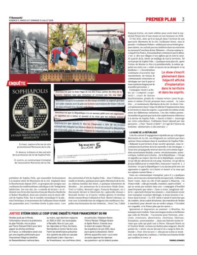 page 3 de l’Humanité des 11-12-13-14 juillet 2025.

A Moulins, des Murmures à l'haleine fétide

PATRIMOINE Un « mini-Puy du Fou » doit se dérouler dans l'Allier ce week-end. Mais depuis que le nom de Pierre-Edouard
Stérin est apparu comme sponsor officiel du spectacle, la polémique enfle. Les masques des organisateurs tombent :
plus d'extréme droite les uns que les autres.