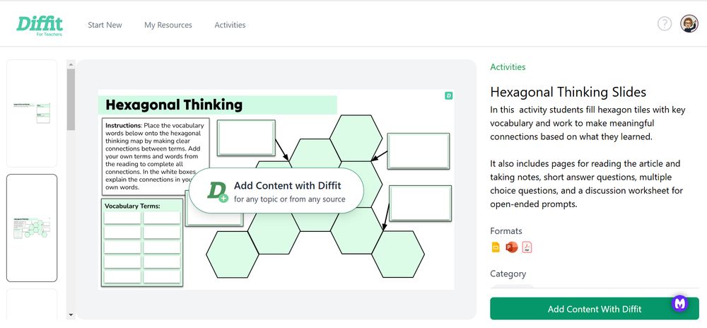 screencap of one of the Diffit activities using hexagonal thinking