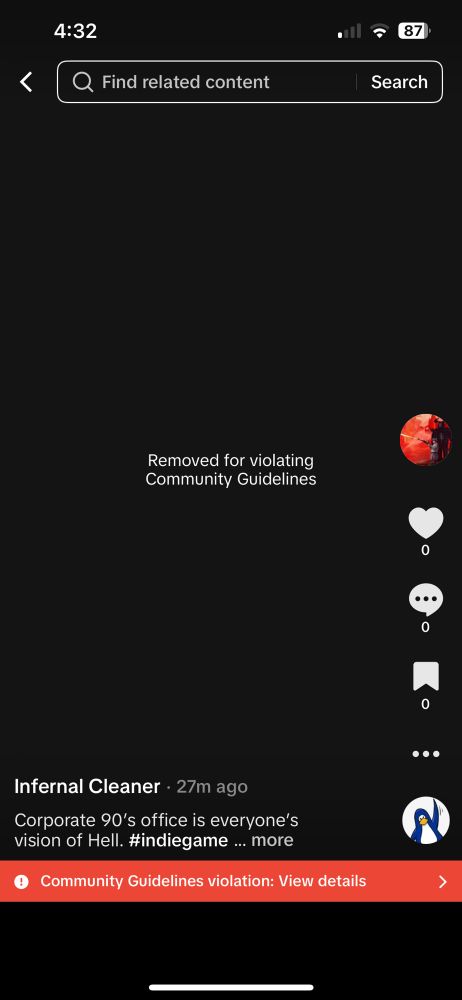 Screenshot of an iPhone screen showing a TikTok video, all blacked out with “Removed for violating community guidelines” in the centre of the screen.