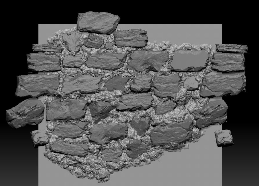 Digitally sculpted greyscale rock wall, with lots of rugged rocks and bubbly mortar.