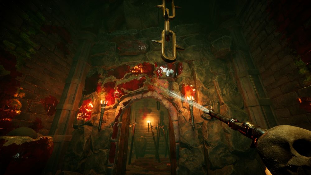 Using a skull-infused hose to clean blood off dungeon walls in Hell.