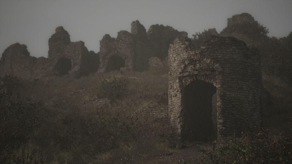 Irish castle ruins with foggy morning lighting