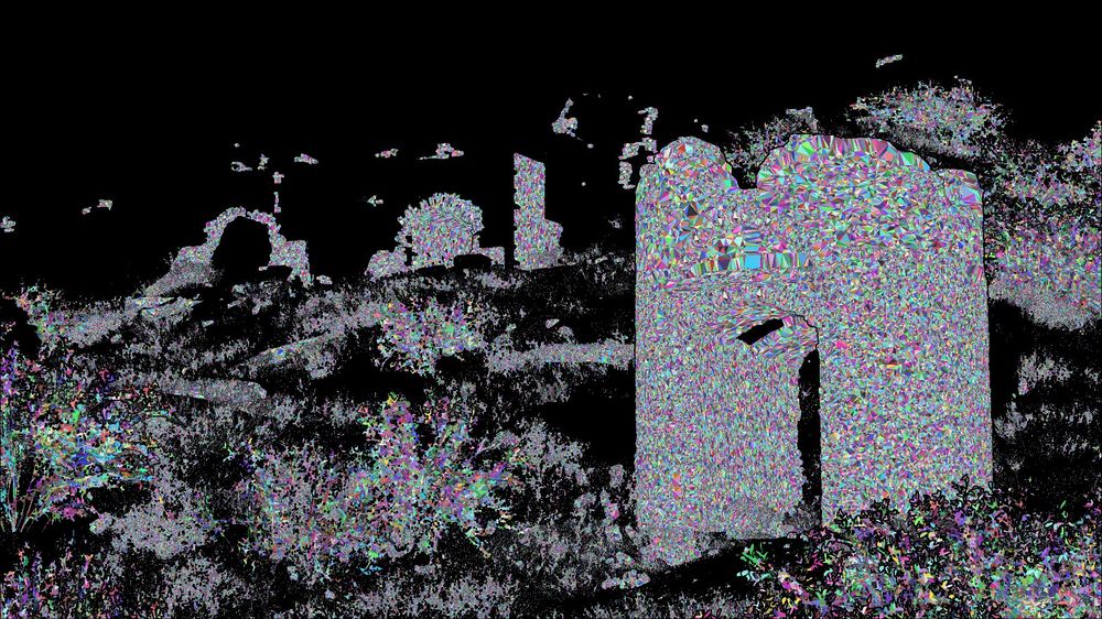 The irish rock castle scene show above, but displaying Nanite triangles only. The castle past is entirely triangled, so is the foliage (terrain is not).