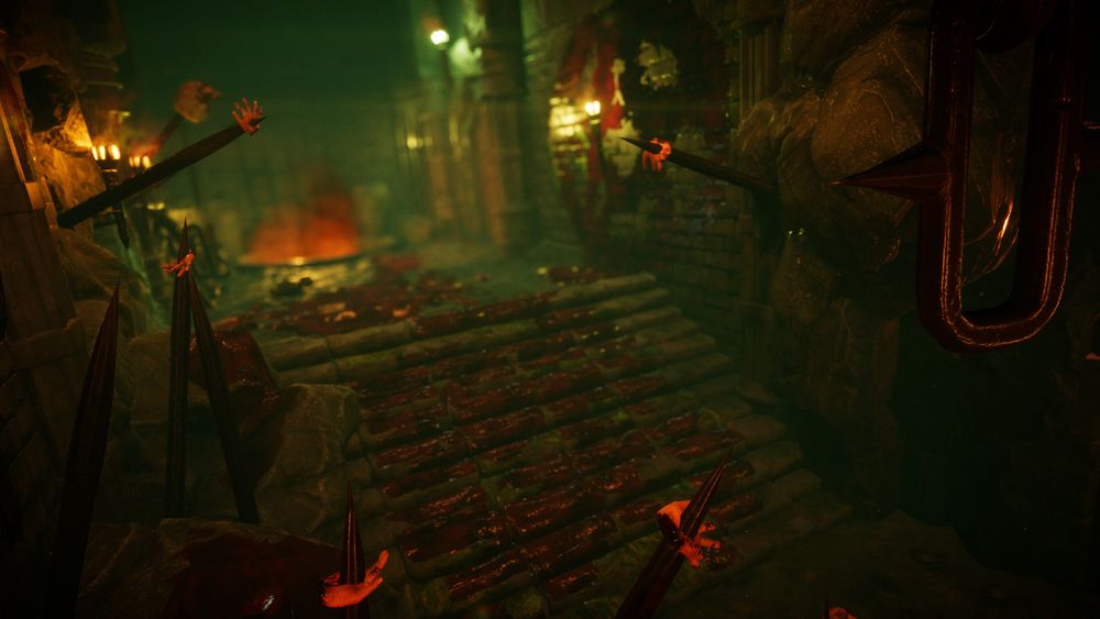 Dungeon in Hell filled with blood and chopped limbs.