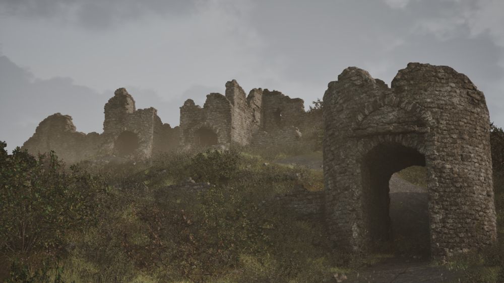 Still render of an Irish castle ruins scene. Filled with lots of rocks and overgrowth.