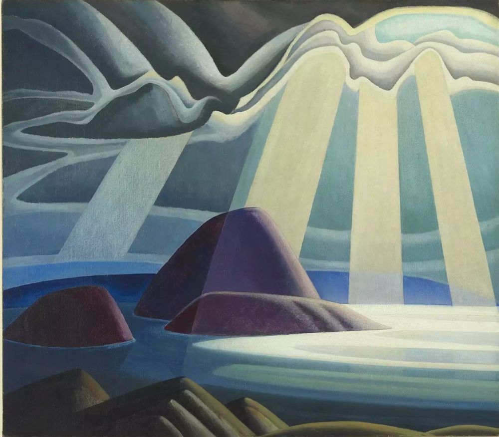 Sun shines through the clouds and illuminates a trio of rocks in Lake Superior. The painting utilizes smooth textures and is predominantly grey, green and blue with cream highlights. 