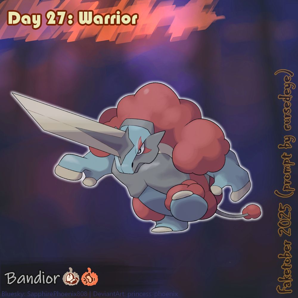 Bandior is based on a Woolly Rhinocerors, and its skin color is gray-green. It has patches of warm gray stone armor across its chest, and has a huge sword-like horn protruding from its forehead. A thick red wool covers its back, shoulders and upper thighs, and a little tuft is at the tip of its tail. 