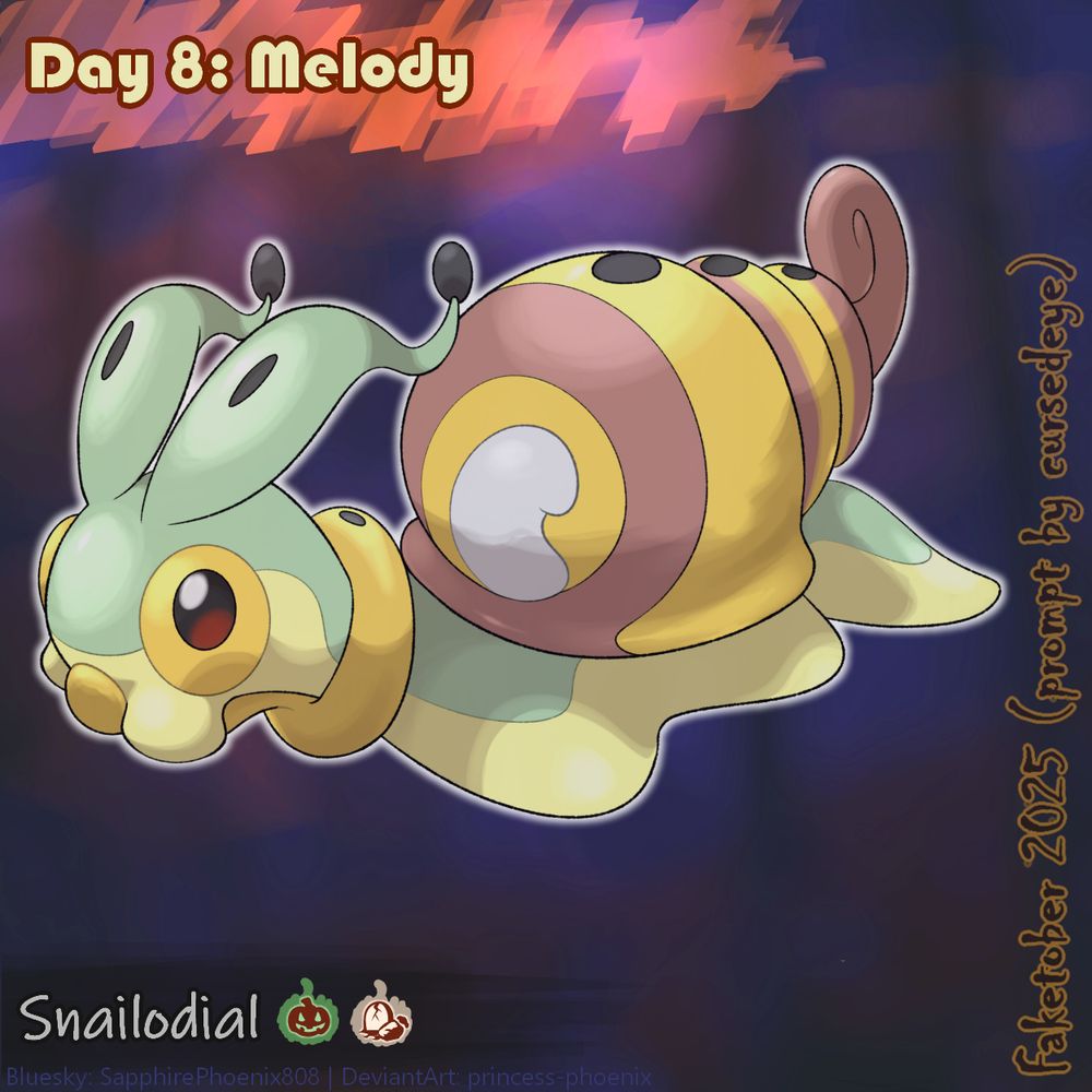 Day 8: Melody , Mon name: Snailodial. Types: Grass/Rock. It is a green snail with chubby yet hallow antennae that contain little drumstick ends which can tap on its shell to make noise. Its mouth is connected to a hollow tube that loosely circles its neck which it can blow into to make noise. Its shell also contains 3 holes that whistle when the winds blow across it.