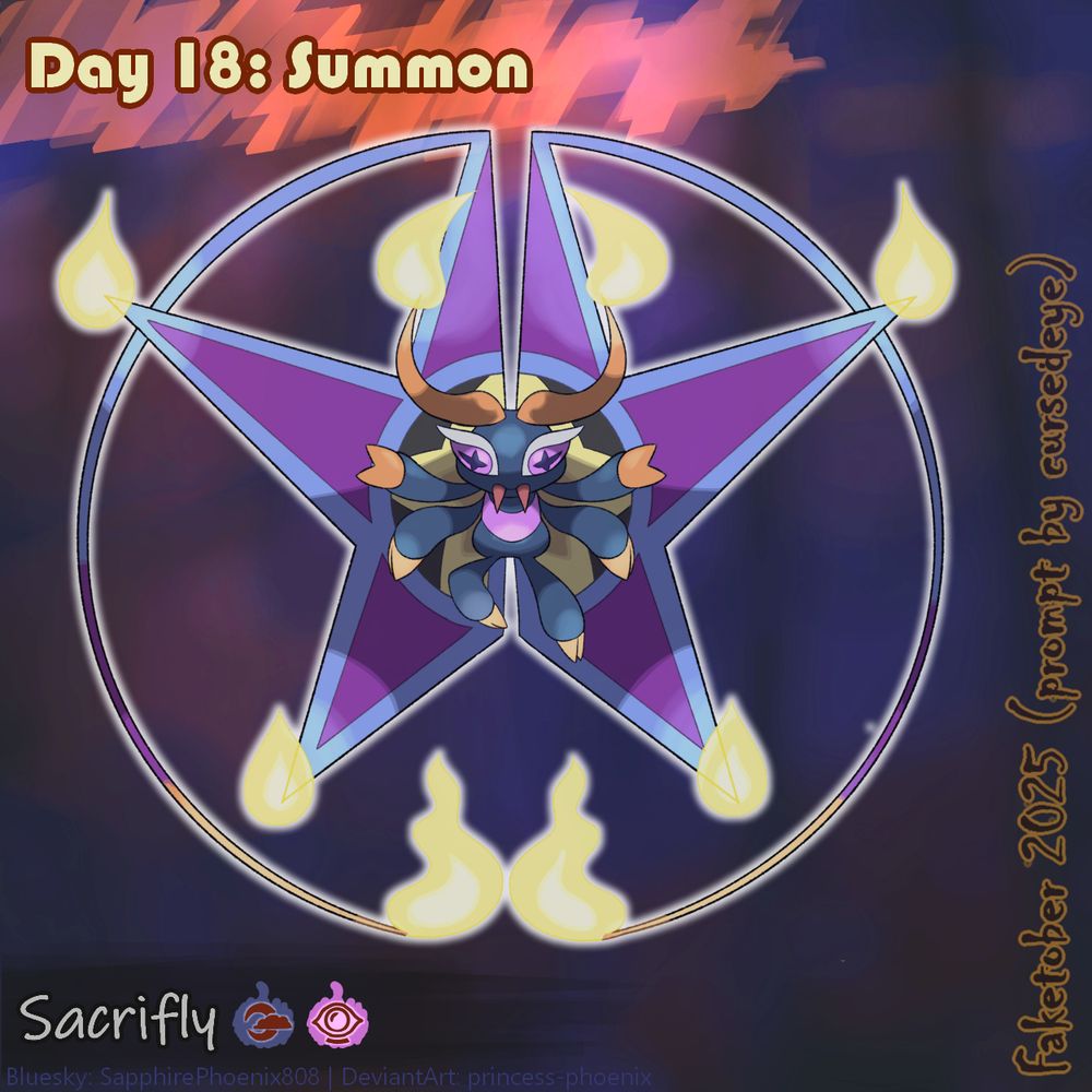 Sacrifly is a 2 winged butterfly with with a blue and purple wing shape that resembles a pentagram star. Long filaments extend from the 2 top wings to curl around into a thin ring around the star-shaped wings. It has 2 orange bull horn shaped antennae with a yellow and white flame erupting from the end, and each point of its wings also emit a yellow and blue flame. It has 6 legs with orange pronged hoof-like fingers. Its eyes are large and purple with a dark 4 pointed star shape as the pupil. 