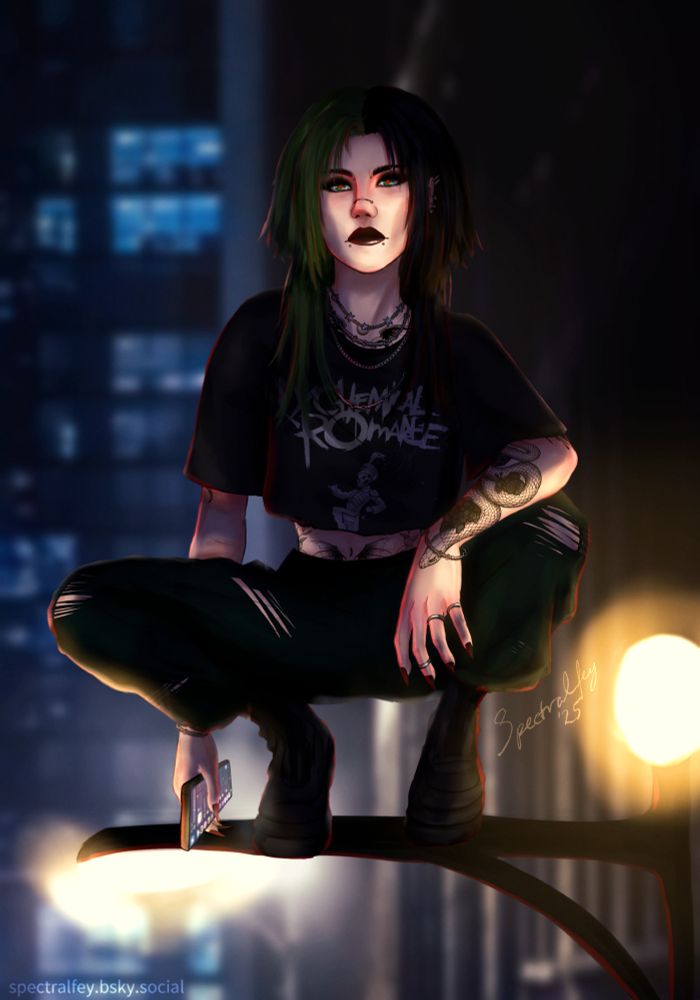 Digital art of my oc Nikolai (he/they), a transmasc Brujah vampire with pale skin, green eyes and shaggy hair split dyed green and black. He's wearing a My Chemical Romance croptop and dark green pants, and practically every visible part of his body is covered in tattoos.
He's crouched, balancing on a streetlight, looking into the night with his pupils reflecting red. 