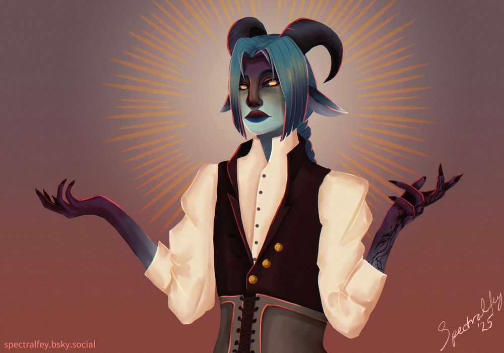 digital art of a tiefling with multicoloured skin and blue hair wearing a nice shirt, vest and corset