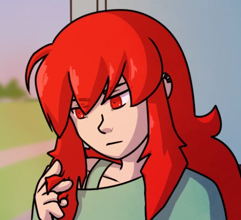 Preview panel from a comic. A young lady with long red hair and red eyes is sat on a bus, looking absentmindedly out of the window as she fidgets with her hair