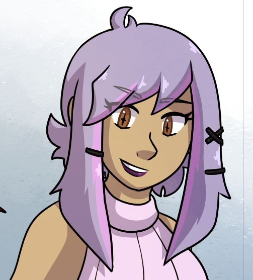 Close up shot of Amaranth, a young woman with unevenly cut lilac hair with pink streaks and hairclips. She has brown eyes with cross-shaped pupils and is wearing a high neck sleeveless top. She is looking down towards someone and smiling.