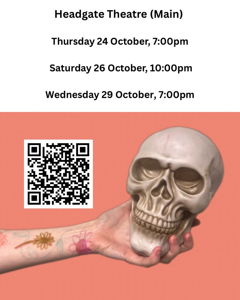 Information about A Two Woman Hamlet at Colchester Fringe, performances at the Headgate Theatre (Main), 24 October at 7pm, 29 October at 10pm, and 29 October at 7pm. Image is of a feminine hand and forearm holding out a prop skull. The arm has flowers drawn on it. The background is a coral orange/pink colour. It includes a QR code leading to the ticket booking page. 