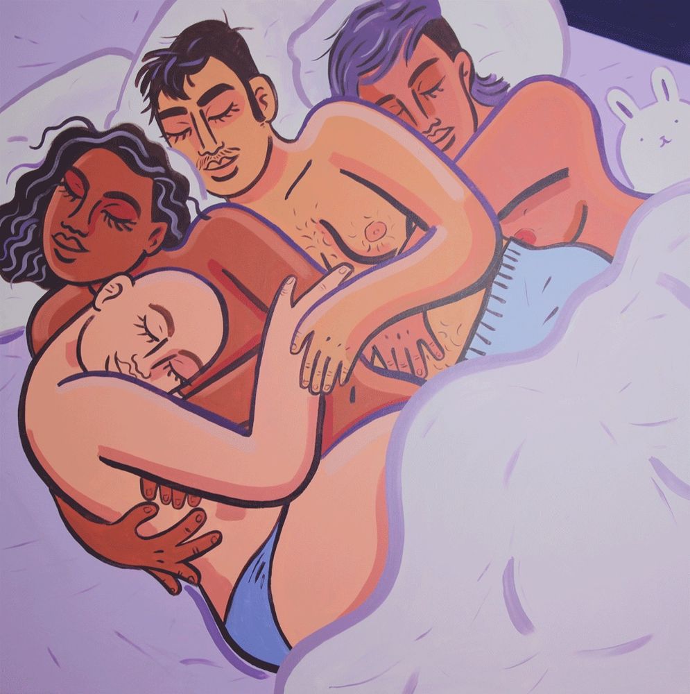 Trans People Cuddling in Bed
Acrylic on canvas, 100x100cm, 2020
Painting n.3 in a series of paintings about transgender people doing things that feel good for their bodies