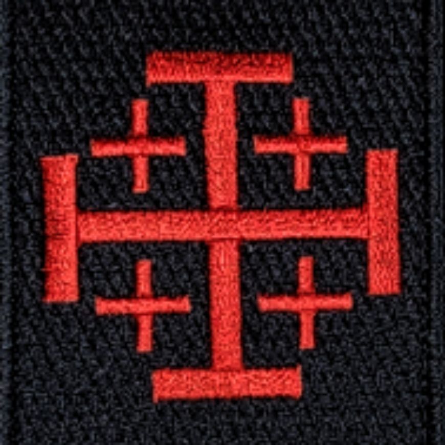 Jerusalem Cross, red on black,  square cloth.
