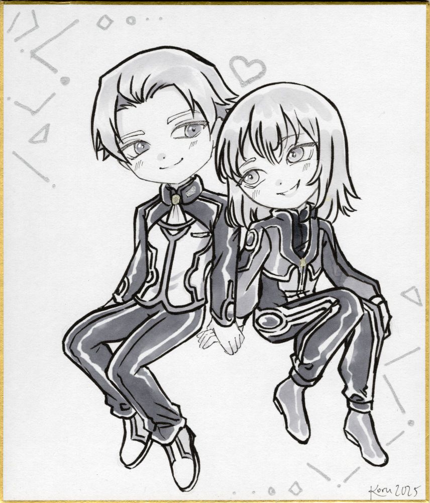 Traditional chibi-style art of Jan Sauer and Lactis from Xenosaga Pied Piper holding hands and looking happy.